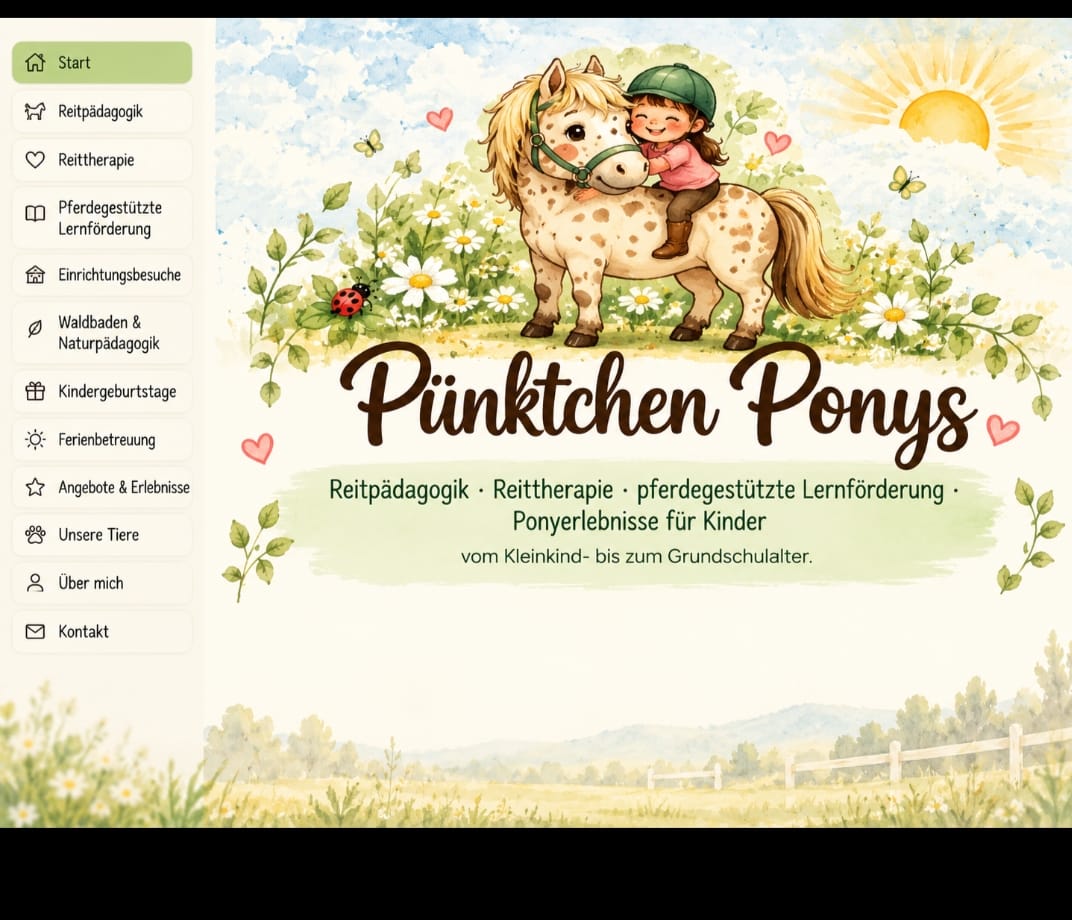 Aquarell-Illustration: Ein Mädchen umarmt ein geflecktes Pony auf einer Blumenwiese, darunter der Schriftzug „Pünktchen Ponys“ – Reitpädagogik · Reittherapie · pferdegestützte Lernförderung · Ponyerlebnisse für Kinder, vom Kleinkind- bis zum Grundschulalter.